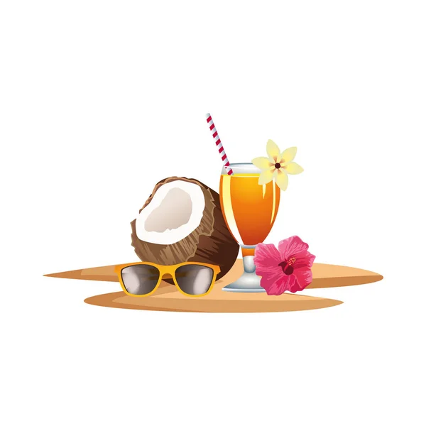 Cocktail de noix de coco frais été avec parapluie et lunettes de soleil — Image vectorielle