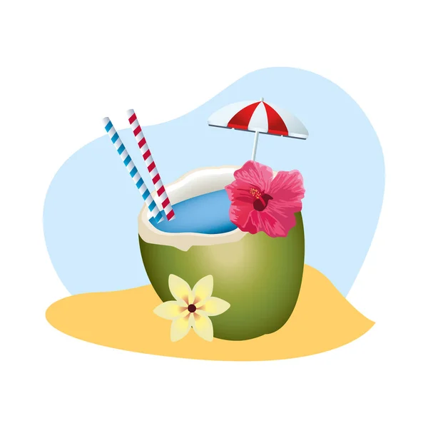 Cocktail de noix de coco frais icône d'été — Image vectorielle