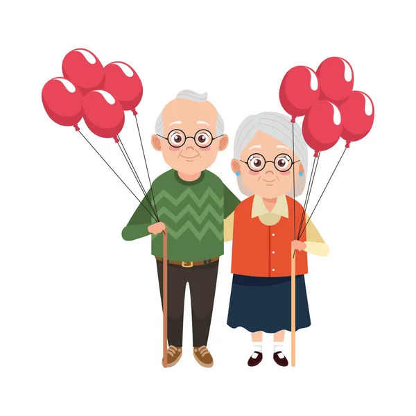 Cute happy grandparents couple with balloons helium characters — Stock Vector