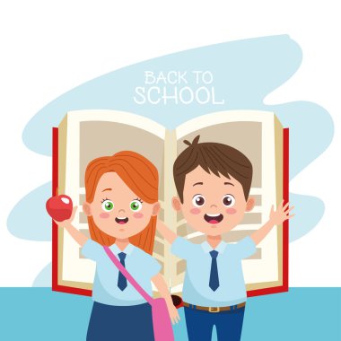 Üniformalı ve kitap karakterli küçük öğrenciler.