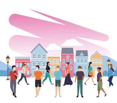 Bir grup genç şehirde tıbbi maske takıyor.