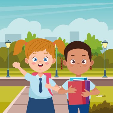 Sokak karakterlerinde üniformalı küçük öğrenciler.