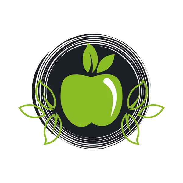 Yapraklı taze elma ve organik ürün. — Stok Vektör