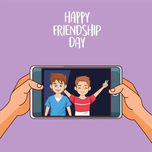 Fröhliche Freundschaftstagsfeier mit Jungenpaar im Smartphone — Stockvektor