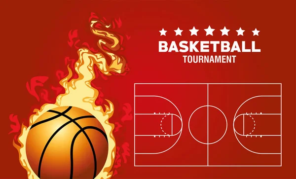 Basketbal sport poster met ballon in brand — Stockvector