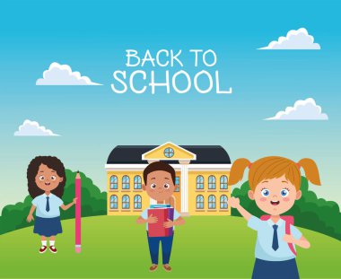 Okul karakterlerinde üniformalı küçük öğrenciler.