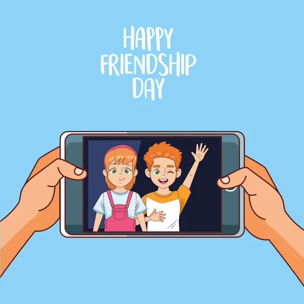 Feliz celebração do dia da amizade com crianças casal no smartphone —  Vetores de Stock