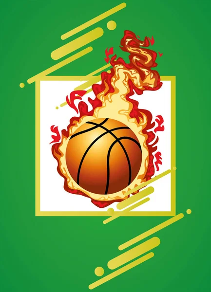 Manifesto sportivo di basket con palloncino in fiamme — Vettoriale Stock