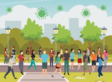 Bir grup genç yolda tıbbi maske takıyor.