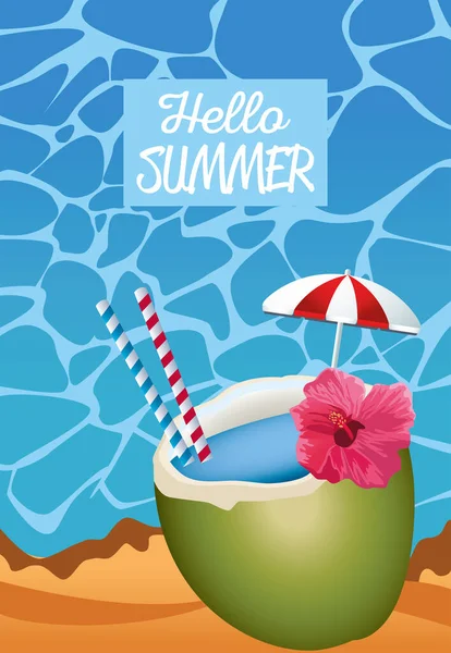 Hallo Sommer saisonale Szene mit Regenschirm und Kokosnuss — Stockvektor