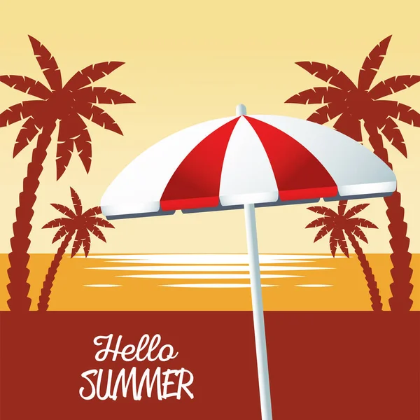 Hello summer seasonal scene with umbrella — Stock Vector