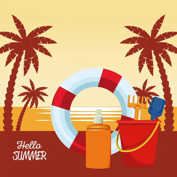 Hola escena estacional de verano con salvavidas flotador y cubo de arena — Vector de stock