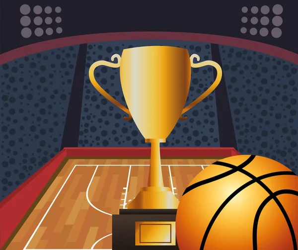 Basketbal sport poster met ballon en trofee — Stockvector