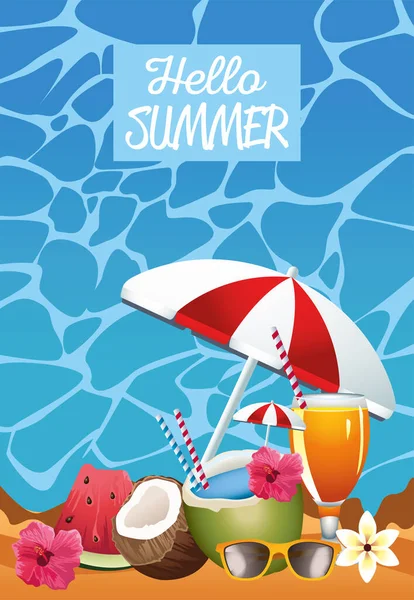 Hello summer seasonal scene with umbrella and coconut — Stock Vector