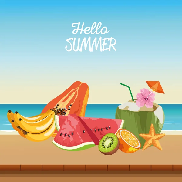 Olá cena sazonal de verão com coquetéis tropicais —  Vetores de Stock