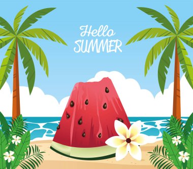 Merhaba yaz mevsimlik karpuz ve çiçekli sahne