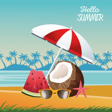 Merhaba yaz mevsimlik şemsiyeli ve hindistan cevizli sahne