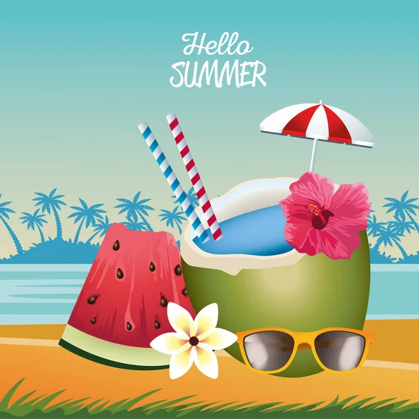 こんにちは夏の風物詩「傘とココナッツ」 — ストックベクタ