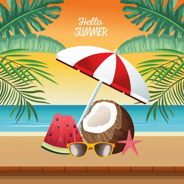 Olá cena sazonal de verão com guarda-chuva e coco —  Vetores de Stock