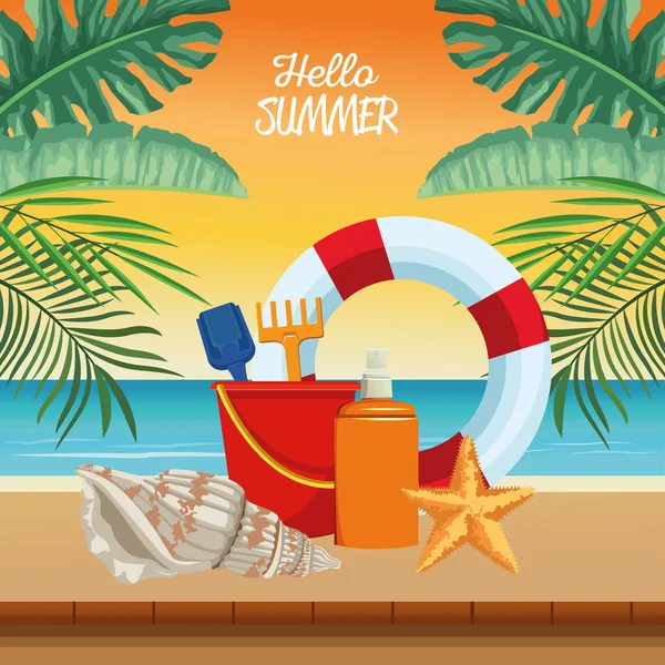 Olá cena sazonal de verão com salva-vidas flutuar e sandbucket —  Vetores de Stock