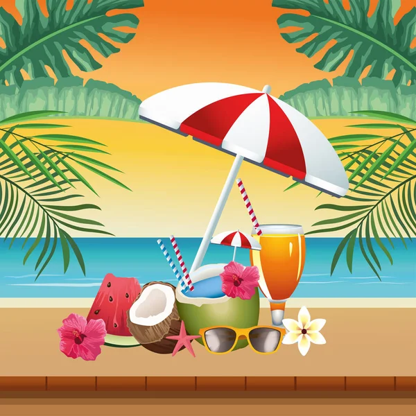 大家好，夏季有雨伞和鸡尾酒的场面 — 图库矢量图片