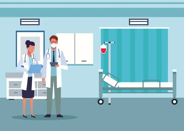 Kilku lekarzy personel w masce medycznej w pokoju szpitalnym — Wektor stockowy
