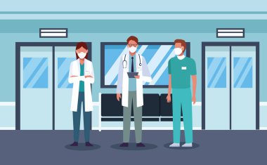 Hastane koridorunda tıbbi maske takan bir grup doktor.