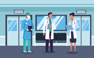 Hastane koridorunda tıbbi maske takan bir grup doktor.