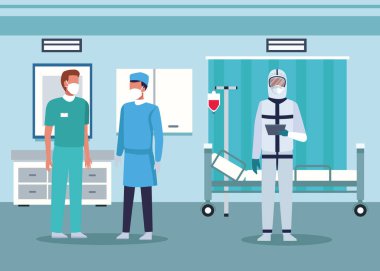 Hastane odasında tıbbi maske takan bir grup doktor.