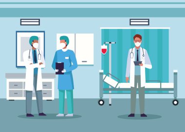 Hastane odasında tıbbi maske takan bir grup doktor.
