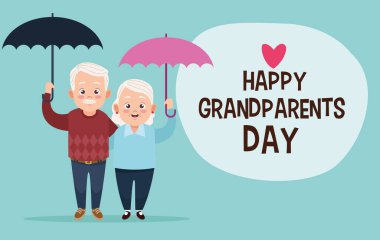 Şemsiyeli ve harfli sevimli mutlu büyükanne ve büyükbaba çifti.