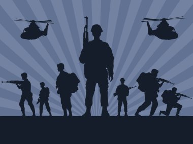 military soldiers with guns and helicopters silhouettes in gray background clipart
