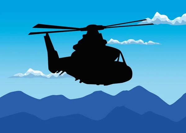 Military helicopter flying in the camp scene — Stock Vector
