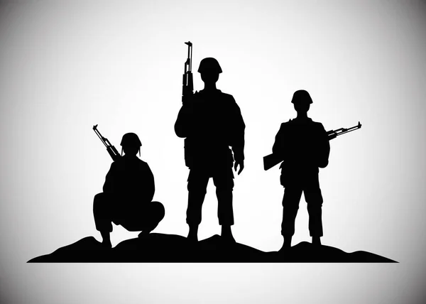 Soldats militaires avec des armes silhouettes figures icônes — Image vectorielle