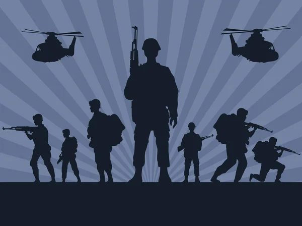 Military soldiers with guns and helicopters silhouettes in gray background — Stock Vector