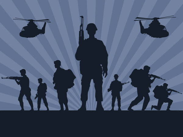 military soldiers with guns and helicopters silhouettes in gray background