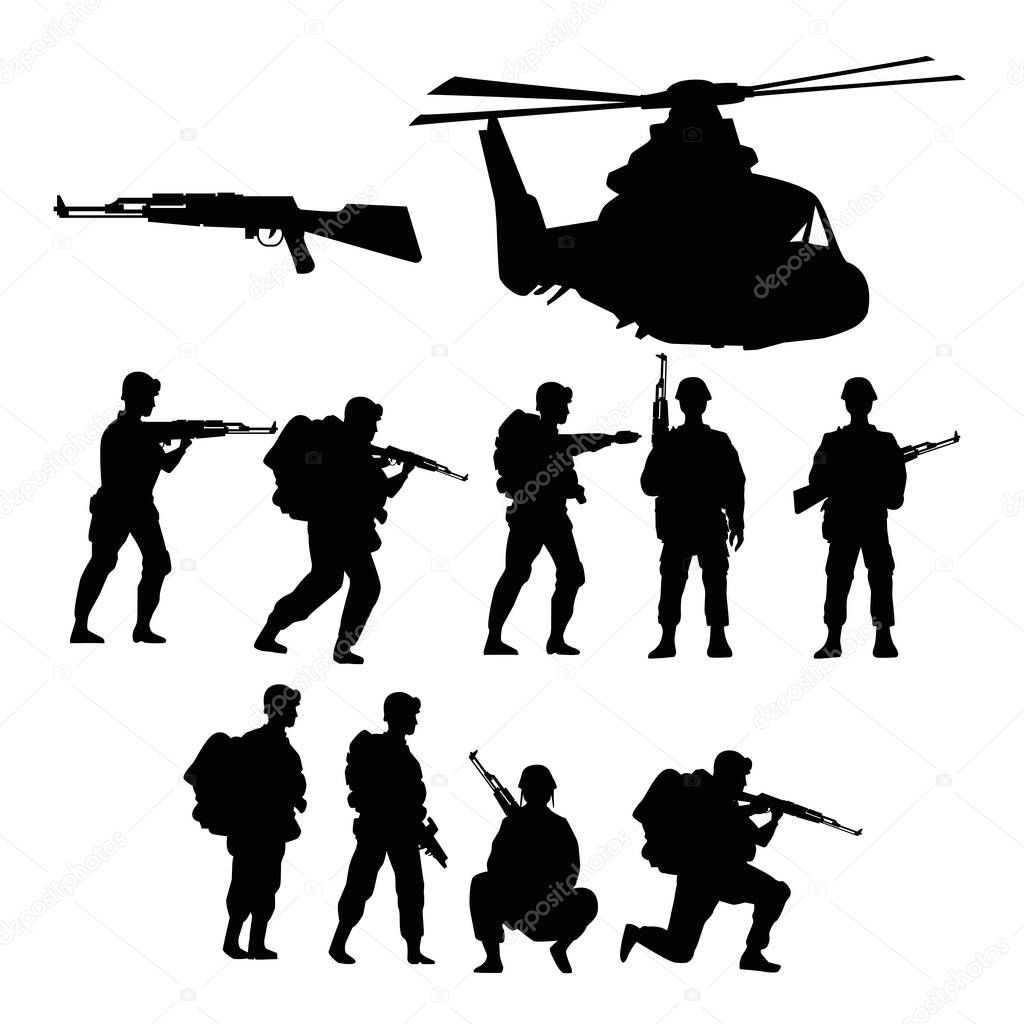 military soldiers with guns and helicopter silhouettes