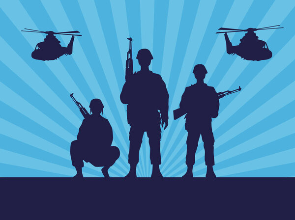 military soldiers with guns and helicopters silhouettes in blue background