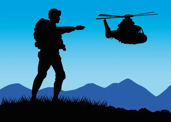 Silhouette de soldat militaire avec hélicoptère — Image vectorielle