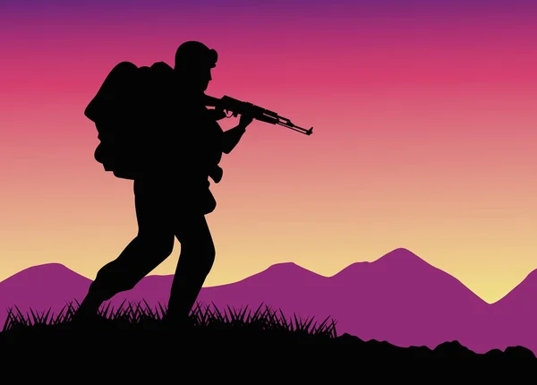 Militair soldaat met wapen silhouet figuur in het veld — Stockvector