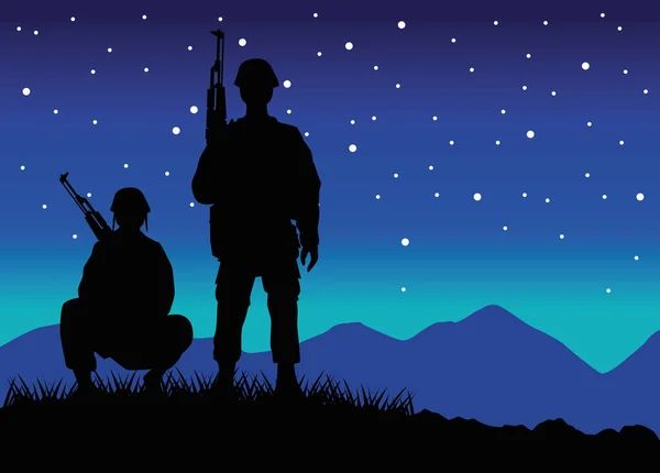 Військові солдати зі зброєю силуети фігури на нічній сцені — стоковий вектор