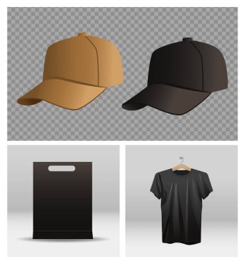 Marka alışveriş çantalı spor şapkası ve gömlek.