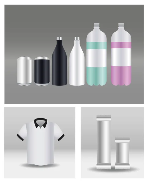 Μπουκάλια αλουμινίου με φακελάκια και πουκάμισα προϊόντα branding — Διανυσματικό Αρχείο