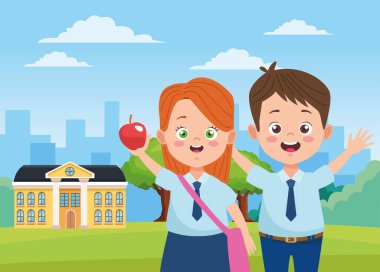 Üniformalı ve elma karakterli küçük öğrenciler.