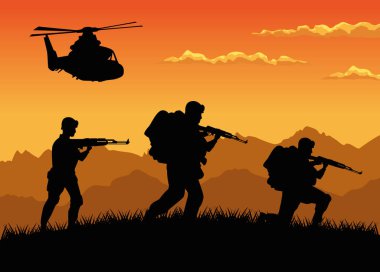 Silahlı askeri askerler ve helikopter siluetleri günbatımı sahnesi
