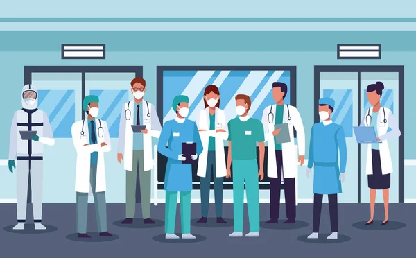Grupo de médicos con máscara médica en el pasillo del hospital — Vector de stock