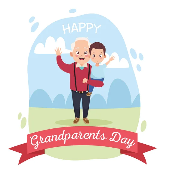 Happy old grandfather with little grandson in the camp — Stock Vector