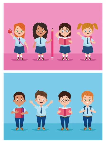 Little students group with uniforms characters — Stock Vector