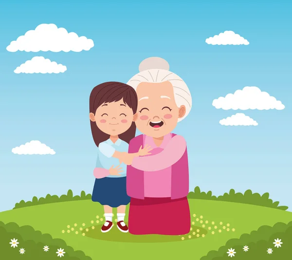 Lindo feliz abuela con nieta en el campamento — Vector de stock