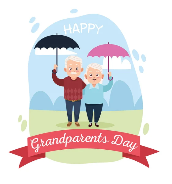 Cute happy grandparents couple with umbrellas and ribbon frame — Stock Vector